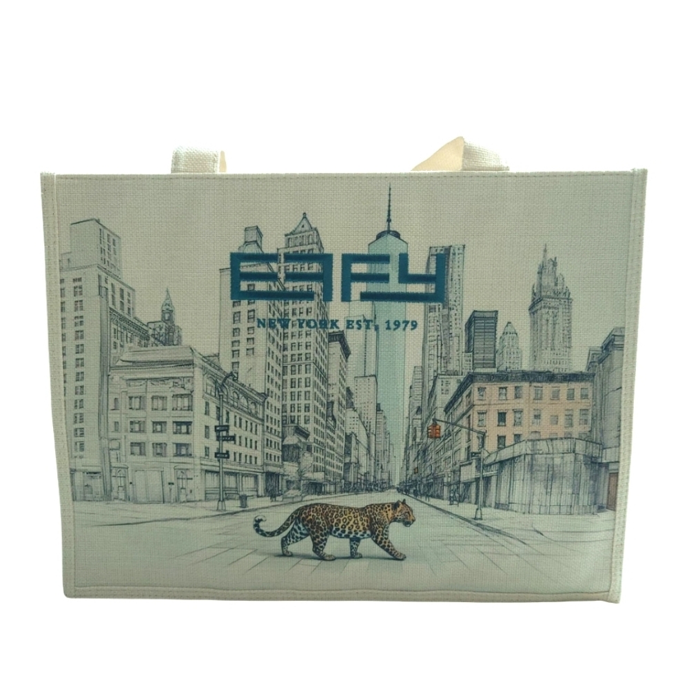 EFFY Hematian Beige Cream Fabric Zippered Tote New York City Landscape Leopard